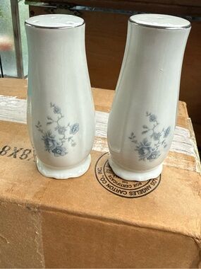 Haviland White Porcelain Salt and Pepper Shakers with Blue Floral Motif like new
